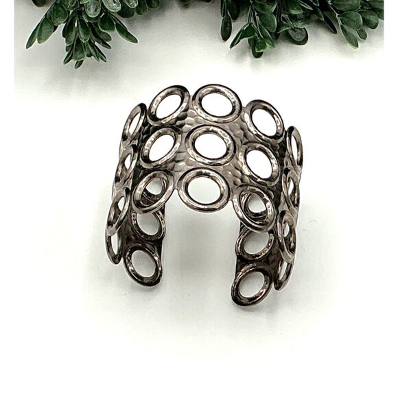 Statement Cuff Bracelet with Circle Hammered Silver Tone Finish - Picture 1 of 4